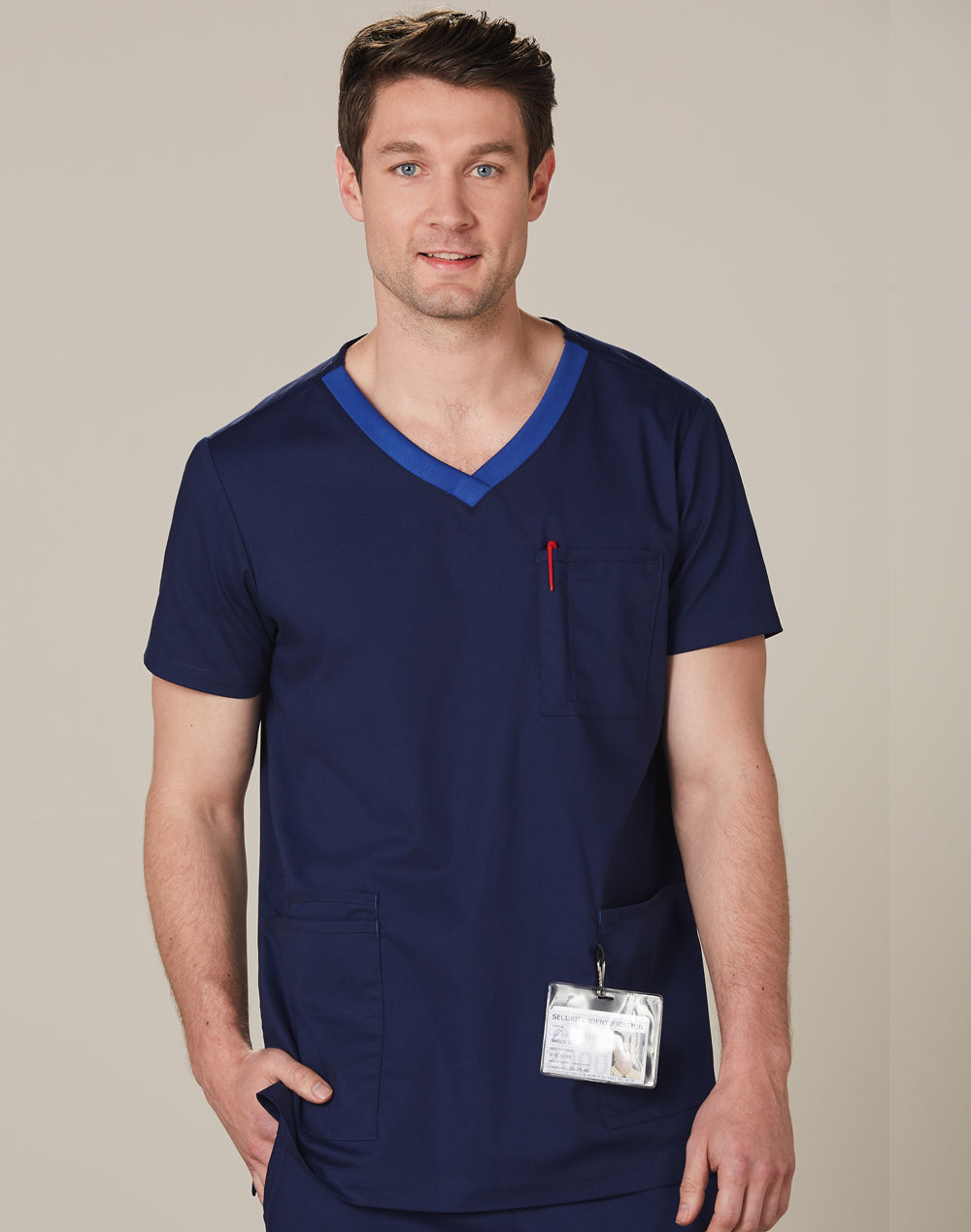M7650 Mens V-Neck Contrast Trim Scrub Top
