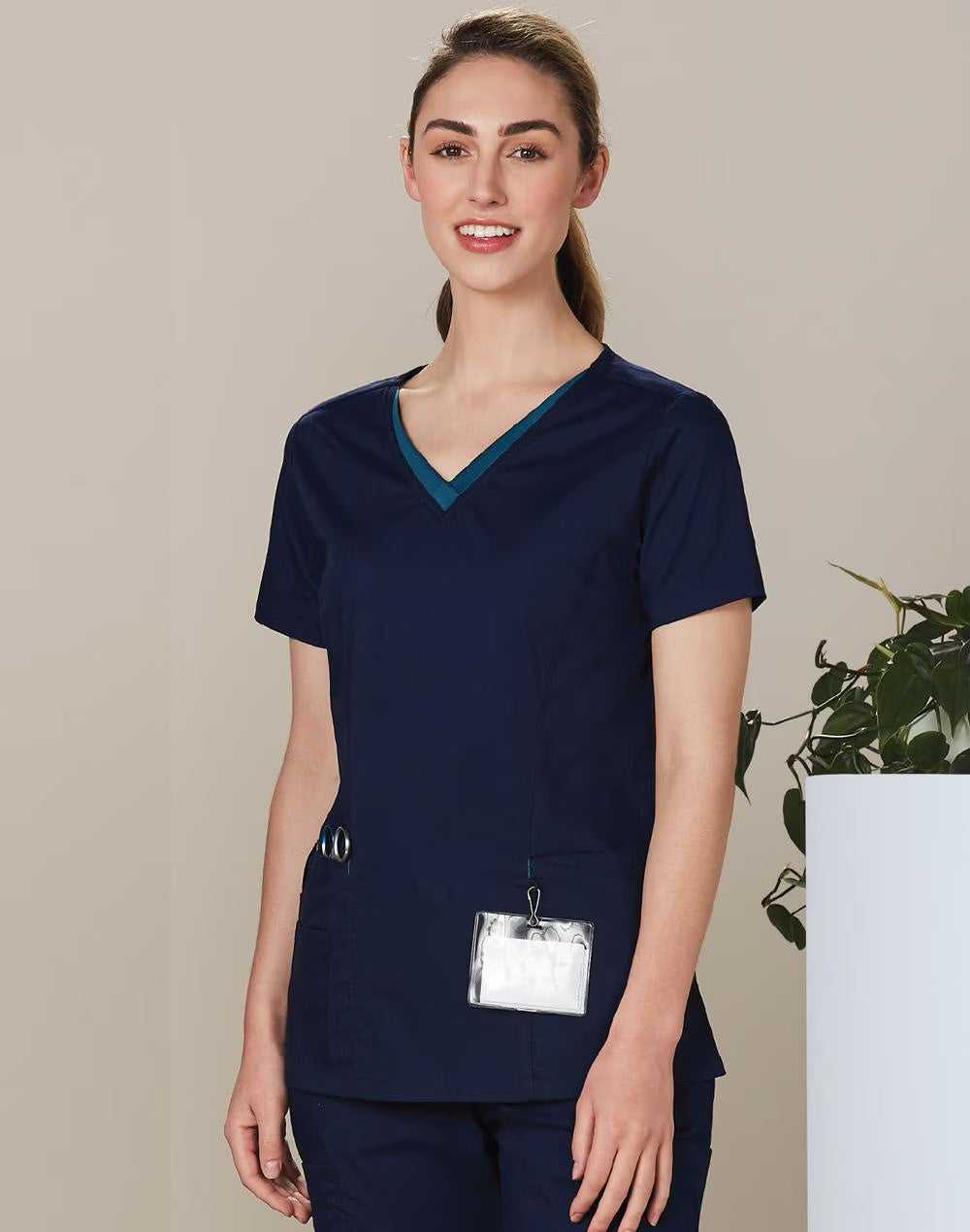 M7660 Ladies V-Neck Contrast Trim Scrub Top
